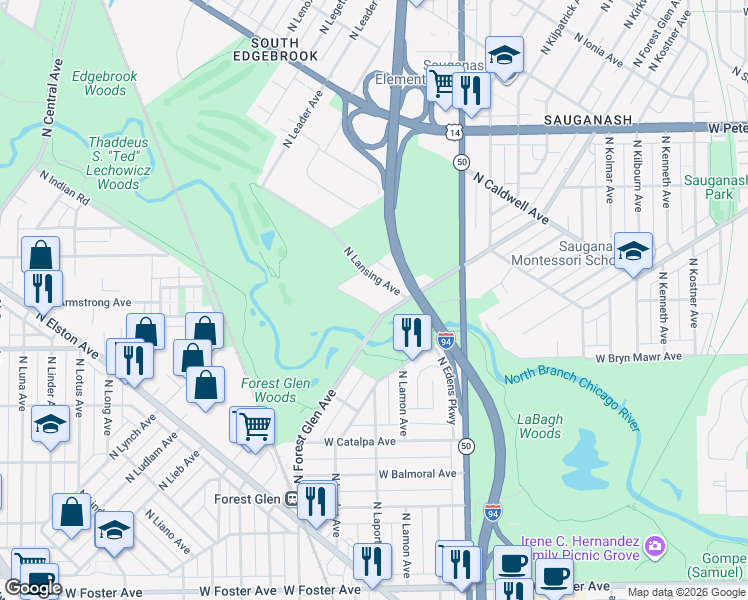 map of restaurants, bars, coffee shops, grocery stores, and more near 5727 North Lansing Avenue in Chicago