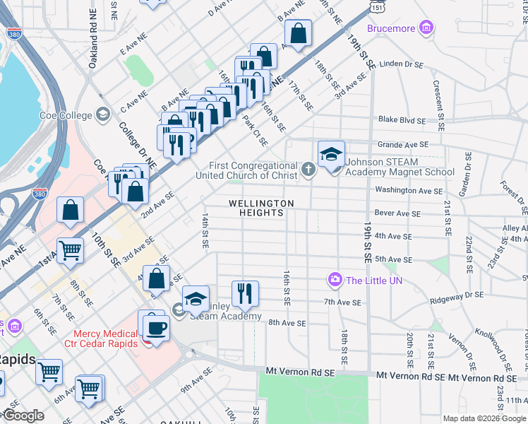 map of restaurants, bars, coffee shops, grocery stores, and more near 1550 Bever Avenue Southeast in Cedar Rapids