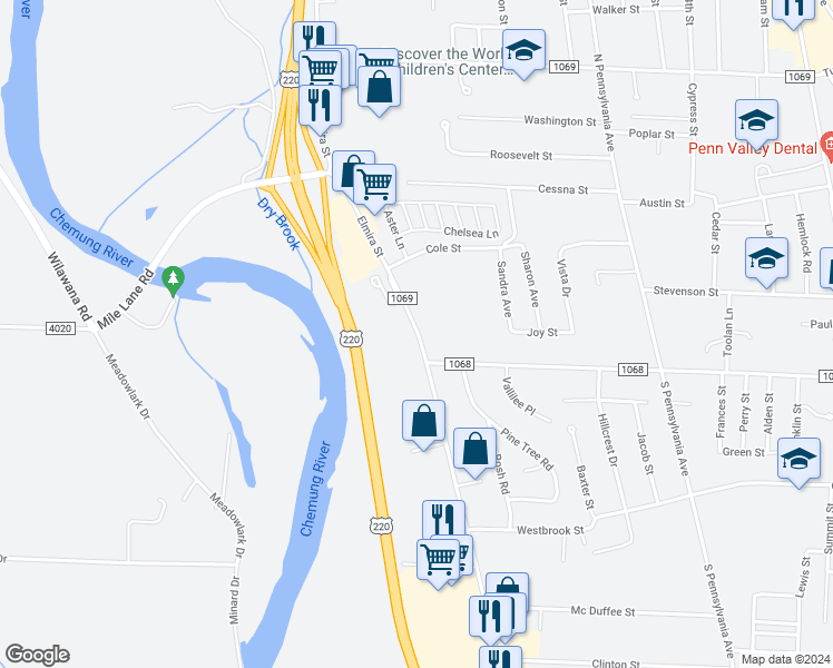 map of restaurants, bars, coffee shops, grocery stores, and more near 2511 Elmira Street in Sayre