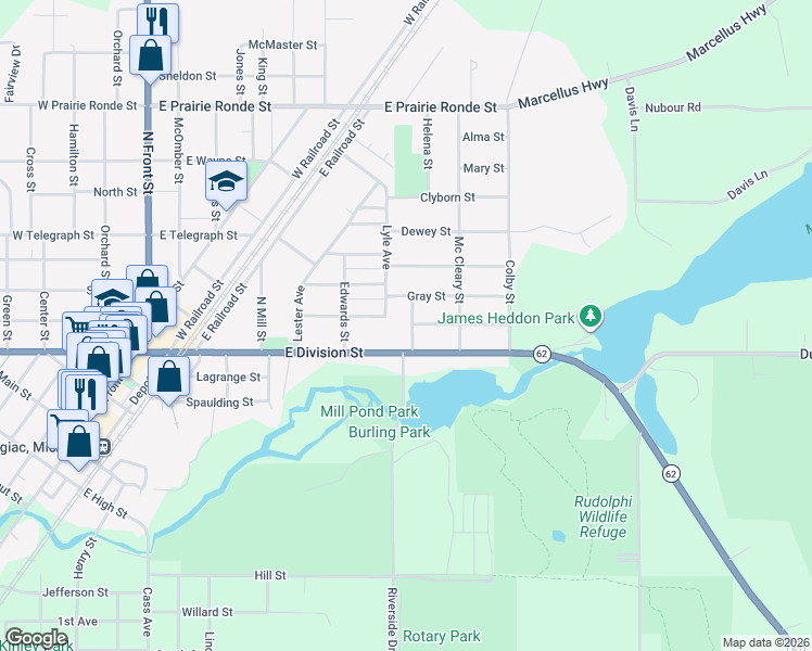 map of restaurants, bars, coffee shops, grocery stores, and more near 308 Gray Street in Dowagiac