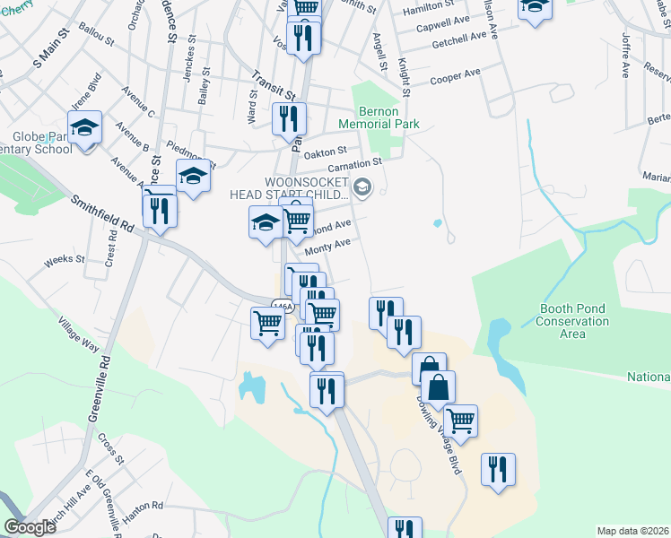 map of restaurants, bars, coffee shops, grocery stores, and more near 219 Cranston Street in Woonsocket