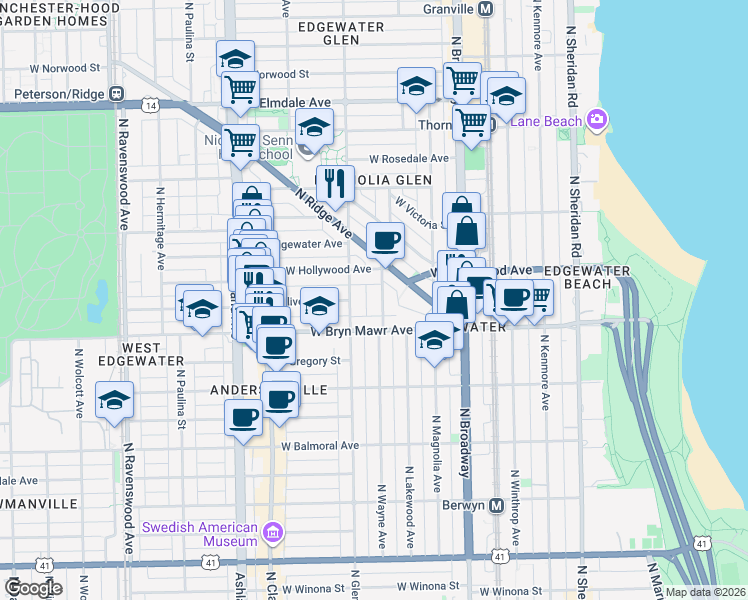 map of restaurants, bars, coffee shops, grocery stores, and more near 5645 North Glenwood Avenue in Chicago