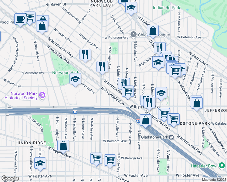 map of restaurants, bars, coffee shops, grocery stores, and more near 5689 North Northwest Highway in Chicago