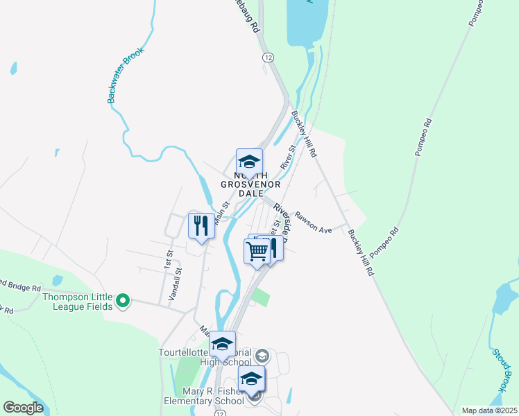 map of restaurants, bars, coffee shops, grocery stores, and more near 4 Central Street in Thompson