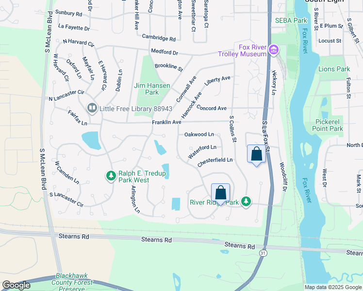 map of restaurants, bars, coffee shops, grocery stores, and more near 897 Oakwood Lane in South Elgin