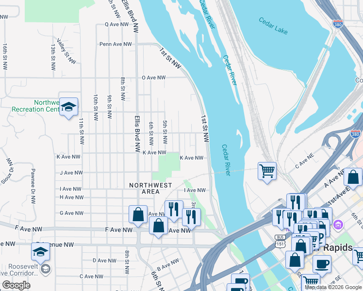 map of restaurants, bars, coffee shops, grocery stores, and more near 1228 4th St NW in Cedar Rapids