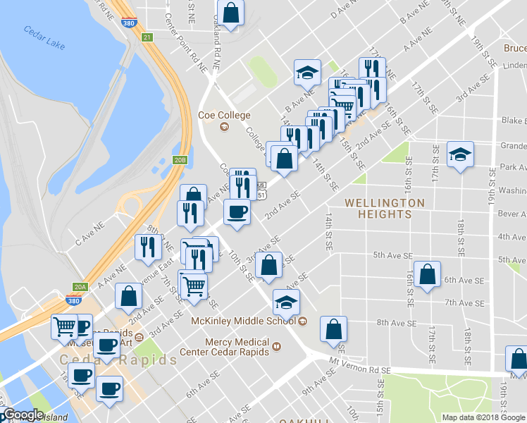 map of restaurants, bars, coffee shops, grocery stores, and more near 1216 2nd Ave SE in Cedar Rapids