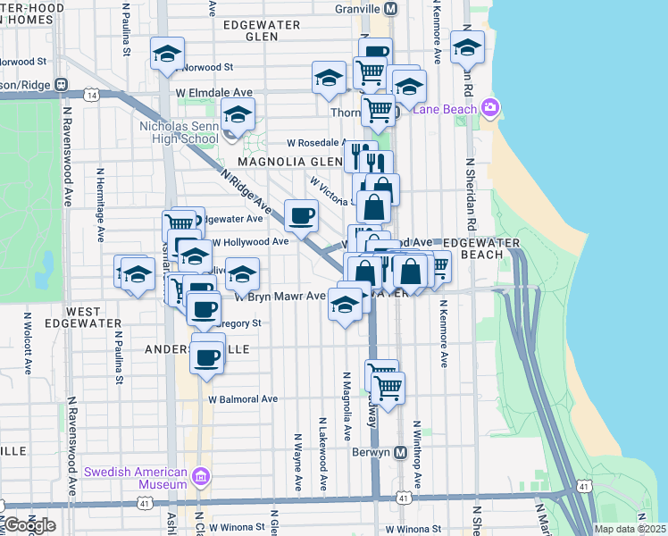 map of restaurants, bars, coffee shops, grocery stores, and more near 5644 North Ridge Avenue in Chicago