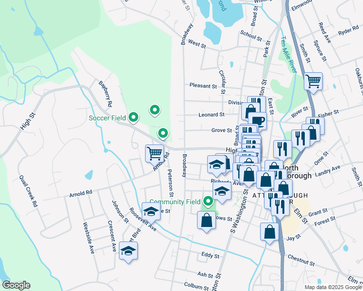 map of restaurants, bars, coffee shops, grocery stores, and more near 354 Broadway in North Attleborough