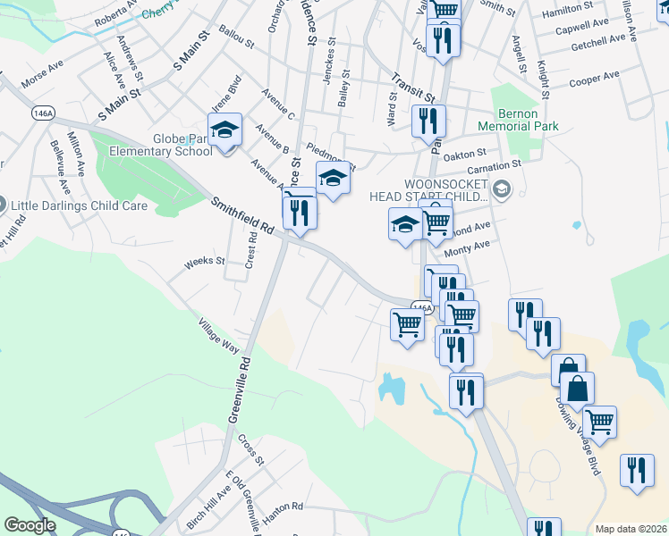 map of restaurants, bars, coffee shops, grocery stores, and more near 535 Rhode Island 104 in North Smithfield