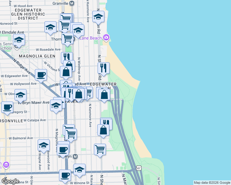 map of restaurants, bars, coffee shops, grocery stores, and more near Lakefront Trail in Chicago