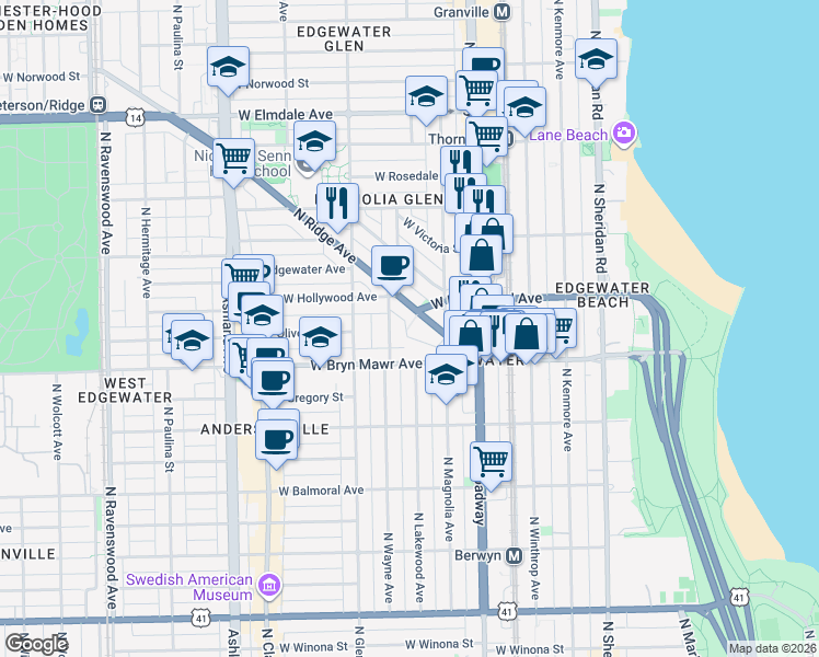 map of restaurants, bars, coffee shops, grocery stores, and more near 5680 North Ridge Avenue in Chicago