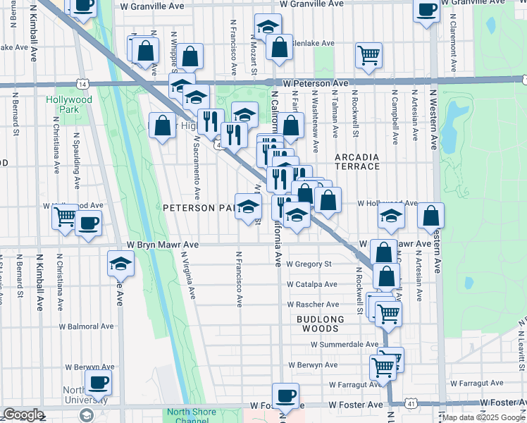 map of restaurants, bars, coffee shops, grocery stores, and more near 2840 West Hollywood Avenue in Chicago