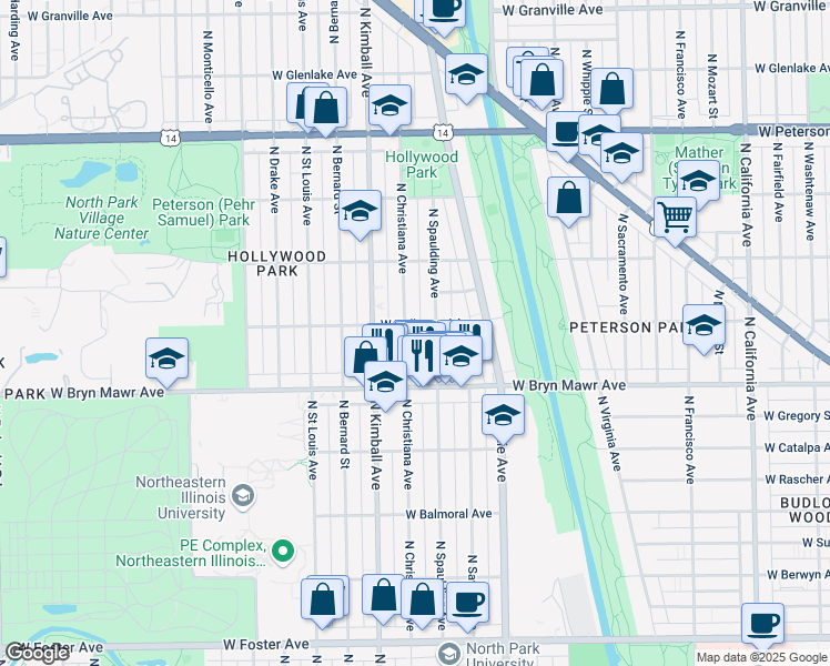 map of restaurants, bars, coffee shops, grocery stores, and more near 5701 North Christiana Avenue in Chicago