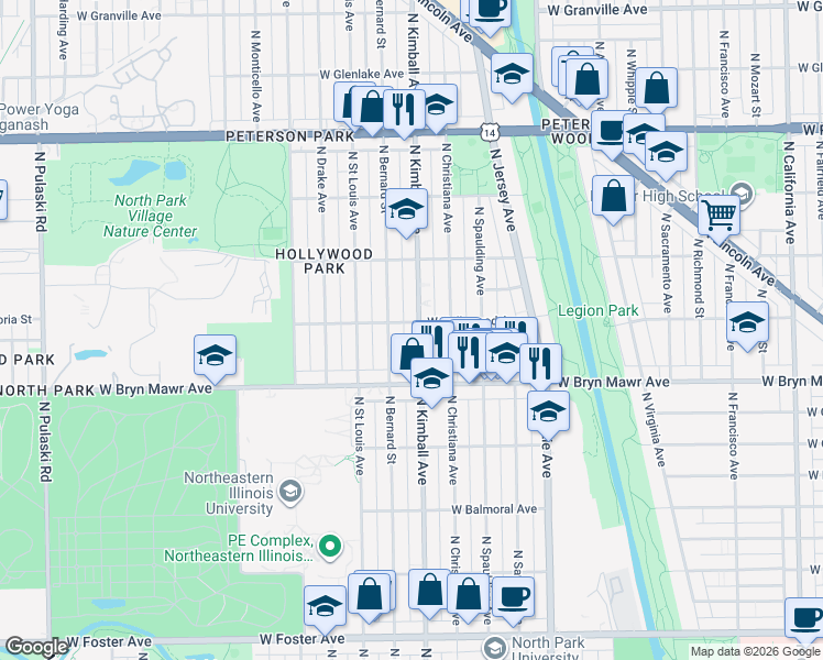 map of restaurants, bars, coffee shops, grocery stores, and more near 5700 North Kimball Avenue in Chicago