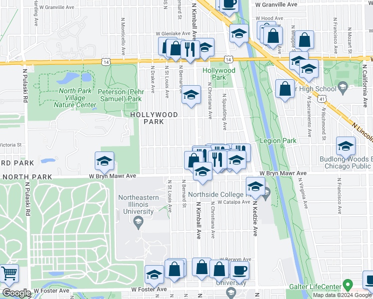 map of restaurants, bars, coffee shops, grocery stores, and more near 5700 North Kimball Avenue in Chicago