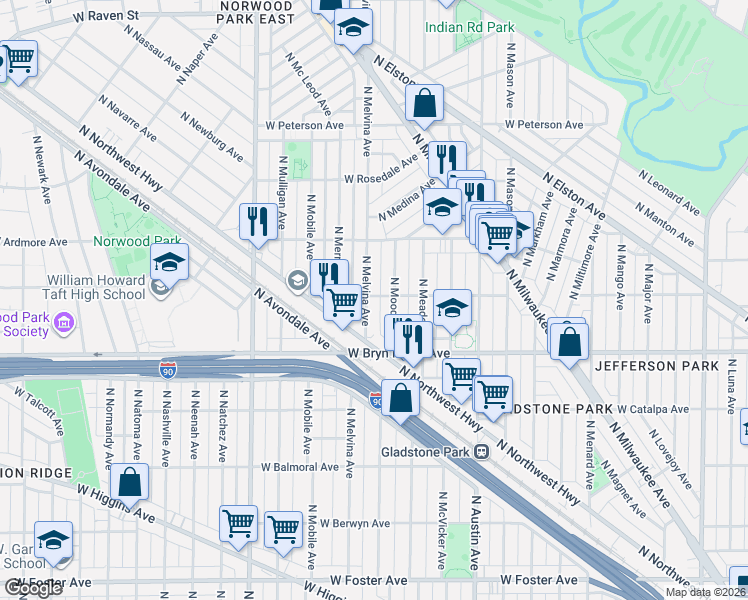 map of restaurants, bars, coffee shops, grocery stores, and more near 5706 North Melvina Avenue in Chicago