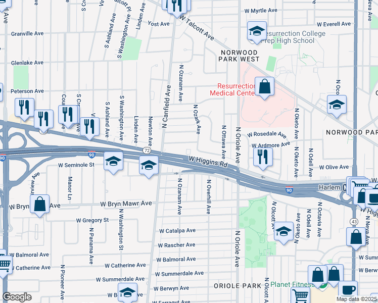 map of restaurants, bars, coffee shops, grocery stores, and more near 7735 West Victoria Street in Chicago