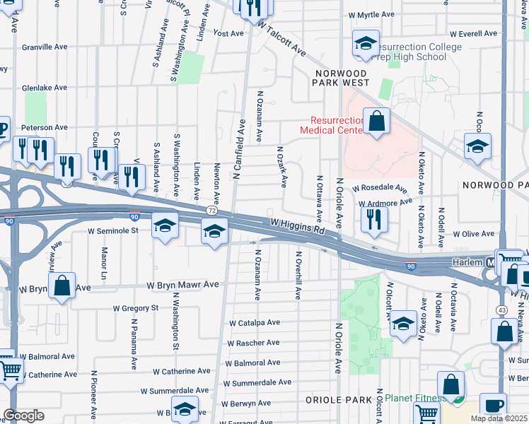 map of restaurants, bars, coffee shops, grocery stores, and more near 7803 West Victoria Street in Chicago