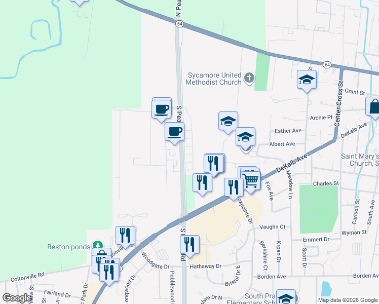 map of restaurants, bars, coffee shops, grocery stores, and more near 540 South Peace Road in Sycamore