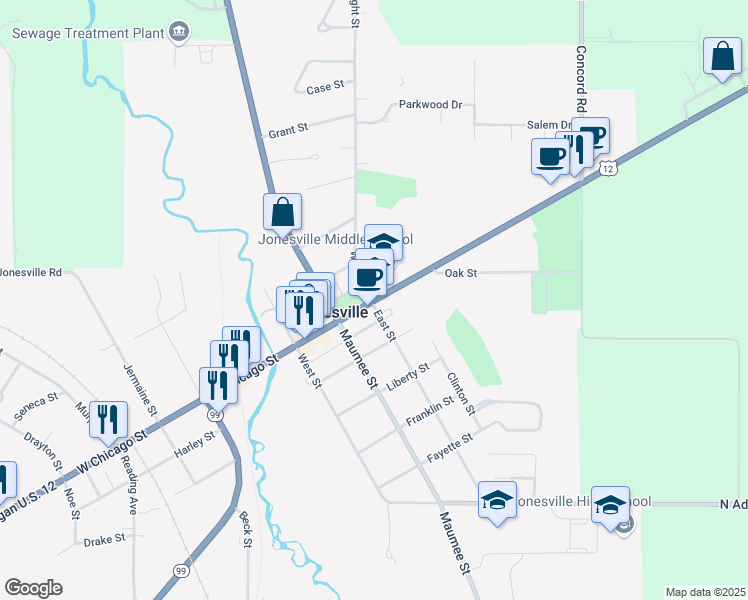 map of restaurants, bars, coffee shops, grocery stores, and more near 401 East Chicago Street in Jonesville