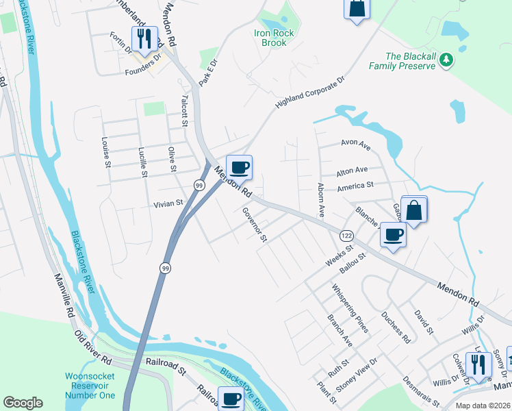 map of restaurants, bars, coffee shops, grocery stores, and more near 4077 Mendon Road in Cumberland