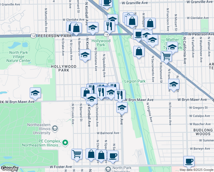 map of restaurants, bars, coffee shops, grocery stores, and more near 5655 North Spaulding Avenue in Chicago