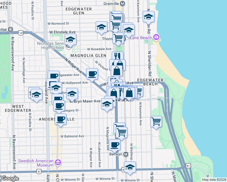map of restaurants, bars, coffee shops, grocery stores, and more near 5641 North Broadway in Chicago