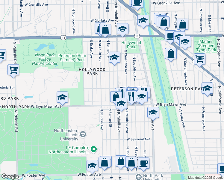 map of restaurants, bars, coffee shops, grocery stores, and more near 5655 North Bernard Street in Chicago