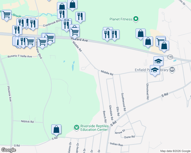 map of restaurants, bars, coffee shops, grocery stores, and more near 47 Beech Road in Enfield