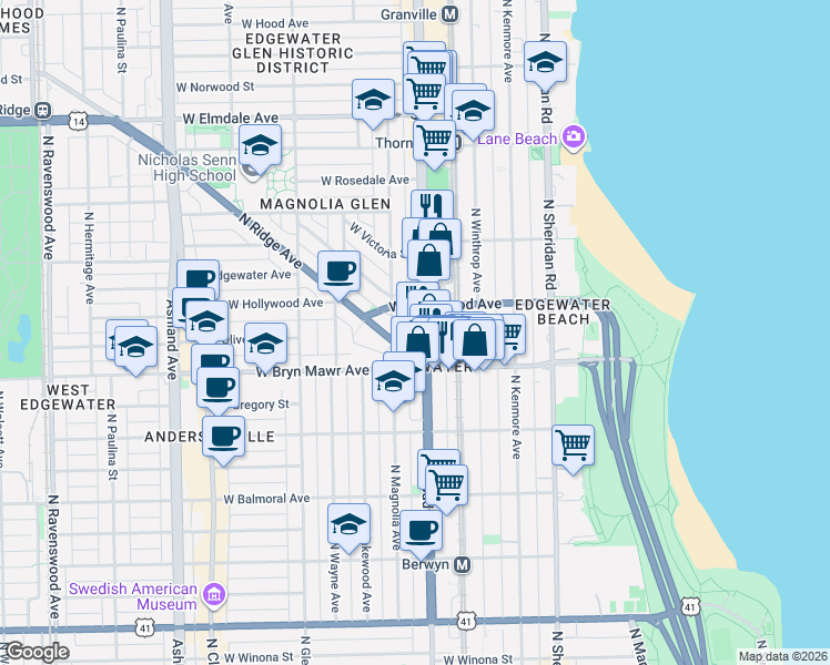 map of restaurants, bars, coffee shops, grocery stores, and more near 5641 North Broadway in Chicago