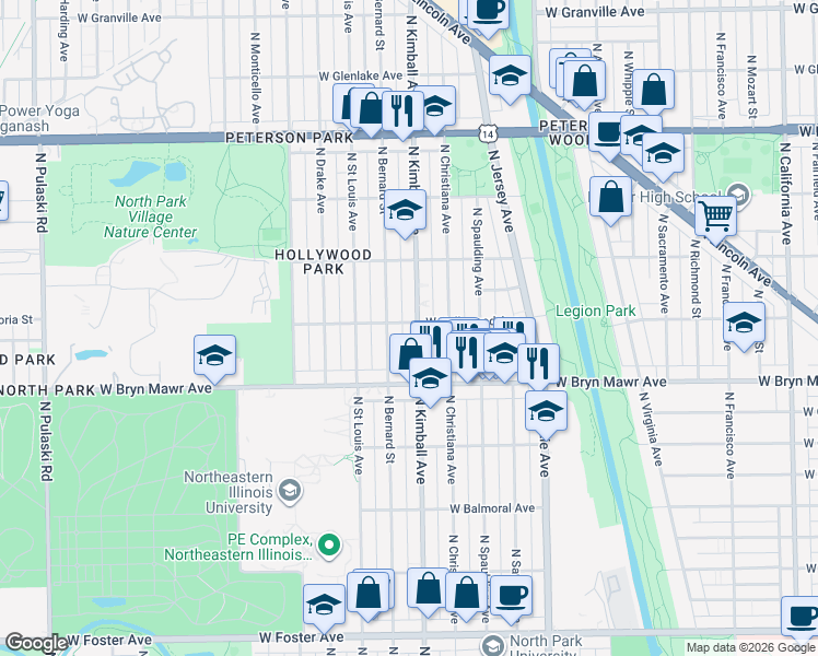map of restaurants, bars, coffee shops, grocery stores, and more near 5700 North Kimball Avenue in Chicago