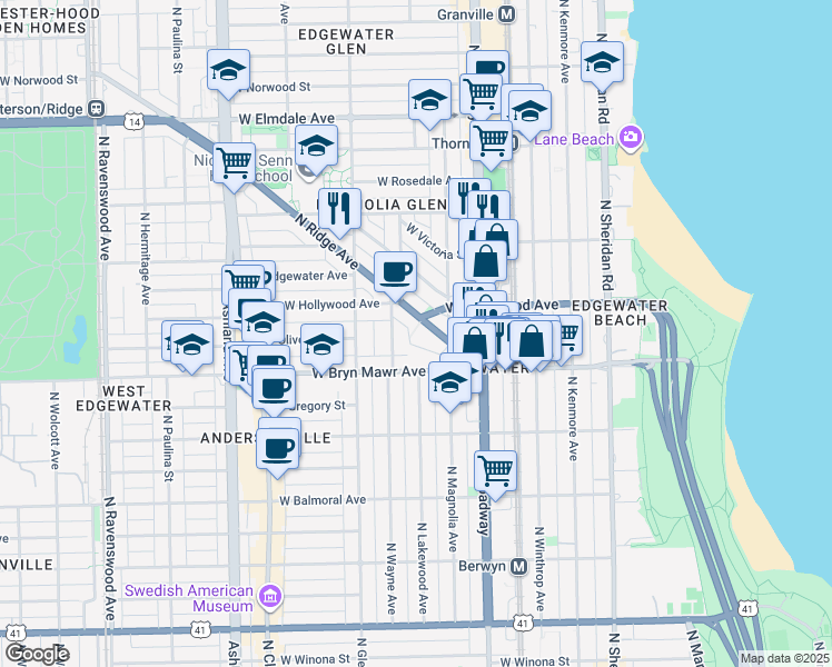 map of restaurants, bars, coffee shops, grocery stores, and more near 5680 North Ridge Avenue in Chicago