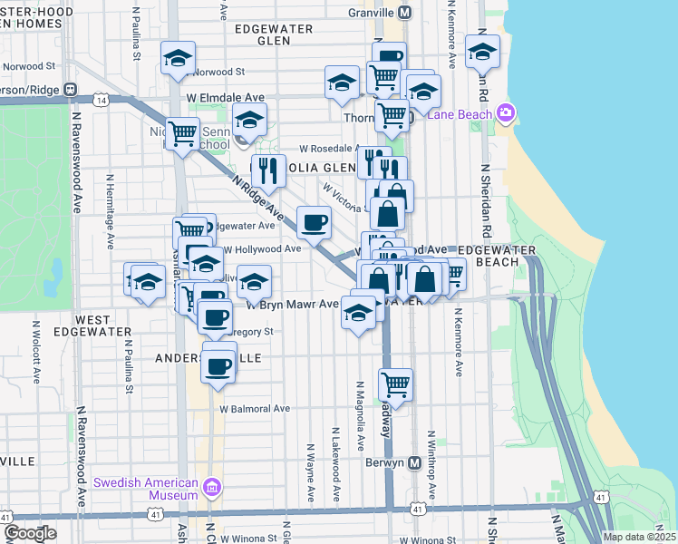map of restaurants, bars, coffee shops, grocery stores, and more near 5680 North Ridge Avenue in Chicago