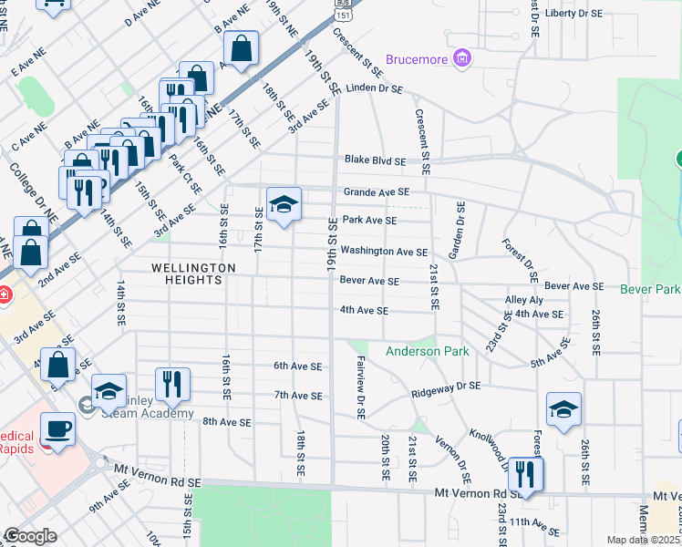 map of restaurants, bars, coffee shops, grocery stores, and more near 1912 Bever Avenue Southeast in Cedar Rapids