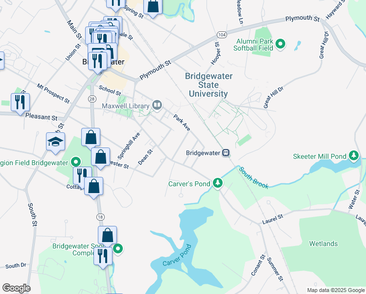 map of restaurants, bars, coffee shops, grocery stores, and more near 61 Covington Street in Bridgewater