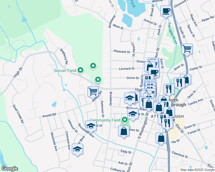 map of restaurants, bars, coffee shops, grocery stores, and more near 354 Broadway in North Attleborough