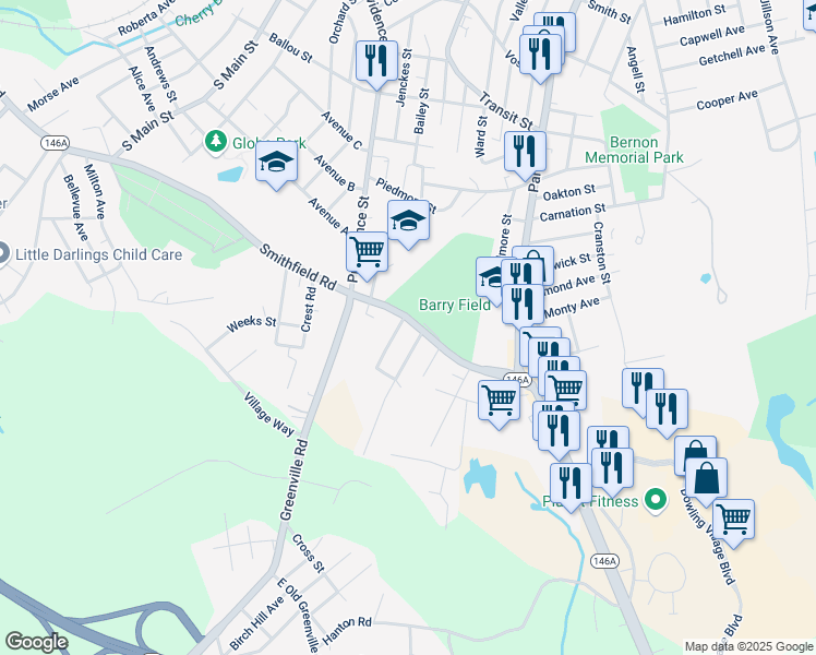 map of restaurants, bars, coffee shops, grocery stores, and more near 535 Rhode Island 104 in North Smithfield