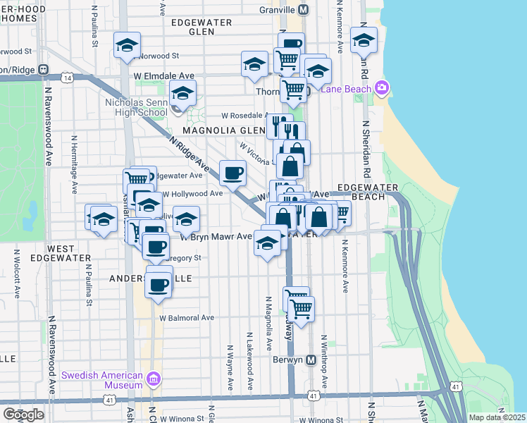 map of restaurants, bars, coffee shops, grocery stores, and more near 5648 North Magnolia Avenue in Chicago