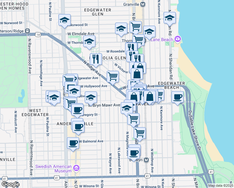 map of restaurants, bars, coffee shops, grocery stores, and more near 5680 North Ridge Avenue in Chicago