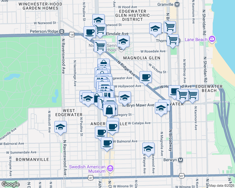 map of restaurants, bars, coffee shops, grocery stores, and more near 1465 West Hollywood Avenue in Chicago