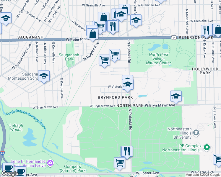 map of restaurants, bars, coffee shops, grocery stores, and more near 4140 West Victoria Street in Chicago