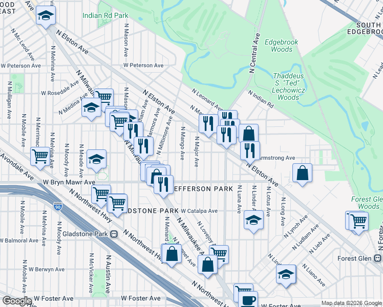 map of restaurants, bars, coffee shops, grocery stores, and more near 5704 North Major Avenue in Chicago