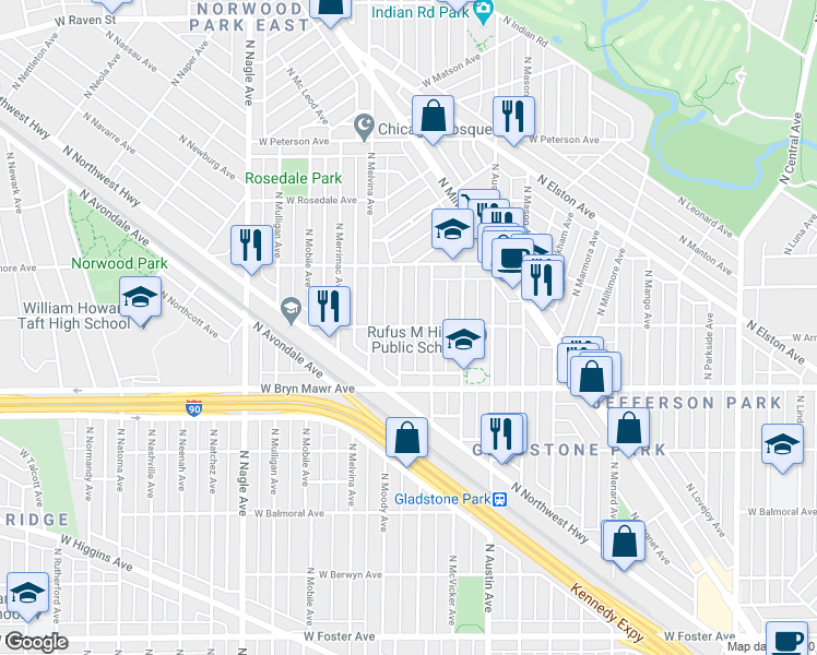 map of restaurants, bars, coffee shops, grocery stores, and more near 5707 North Moody Avenue in Chicago