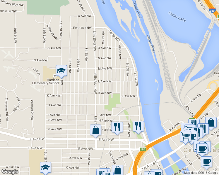 map of restaurants, bars, coffee shops, grocery stores, and more near 1226 5th Street Northwest in Cedar Rapids