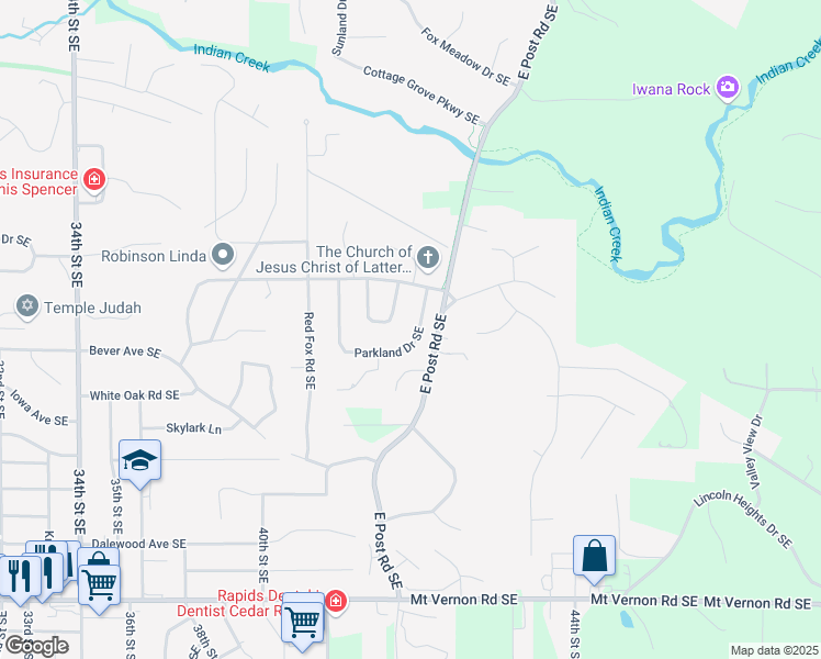 map of restaurants, bars, coffee shops, grocery stores, and more near 424 Parkland Drive Southeast in Cedar Rapids