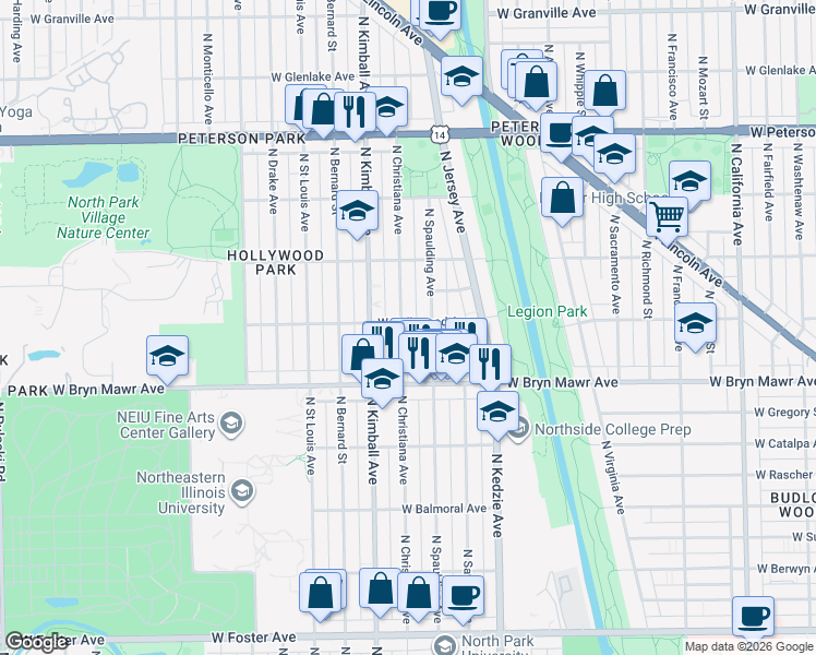 map of restaurants, bars, coffee shops, grocery stores, and more near 5701 North Christiana Avenue in Chicago