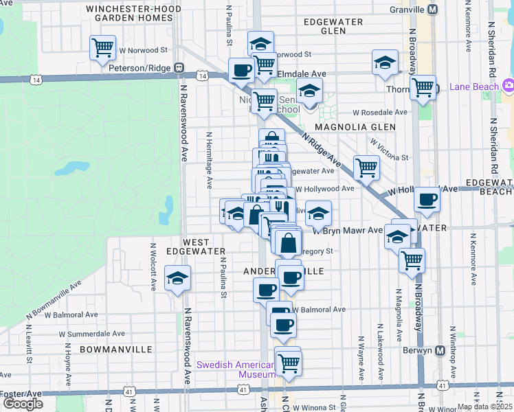 map of restaurants, bars, coffee shops, grocery stores, and more near 5640 North Ashland Avenue in Chicago