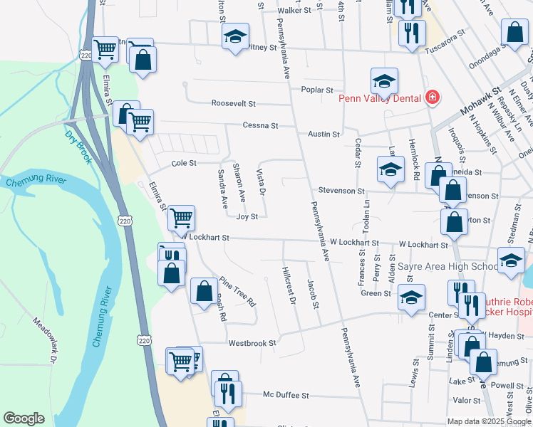 map of restaurants, bars, coffee shops, grocery stores, and more near 125 Vista Dr in Sayre
