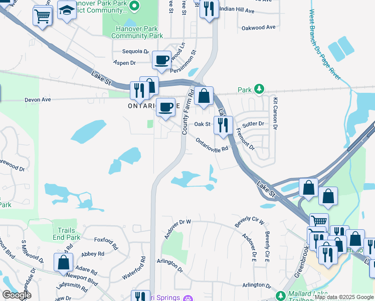 map of restaurants, bars, coffee shops, grocery stores, and more near 7N595 County Farm Road in Hanover Park
